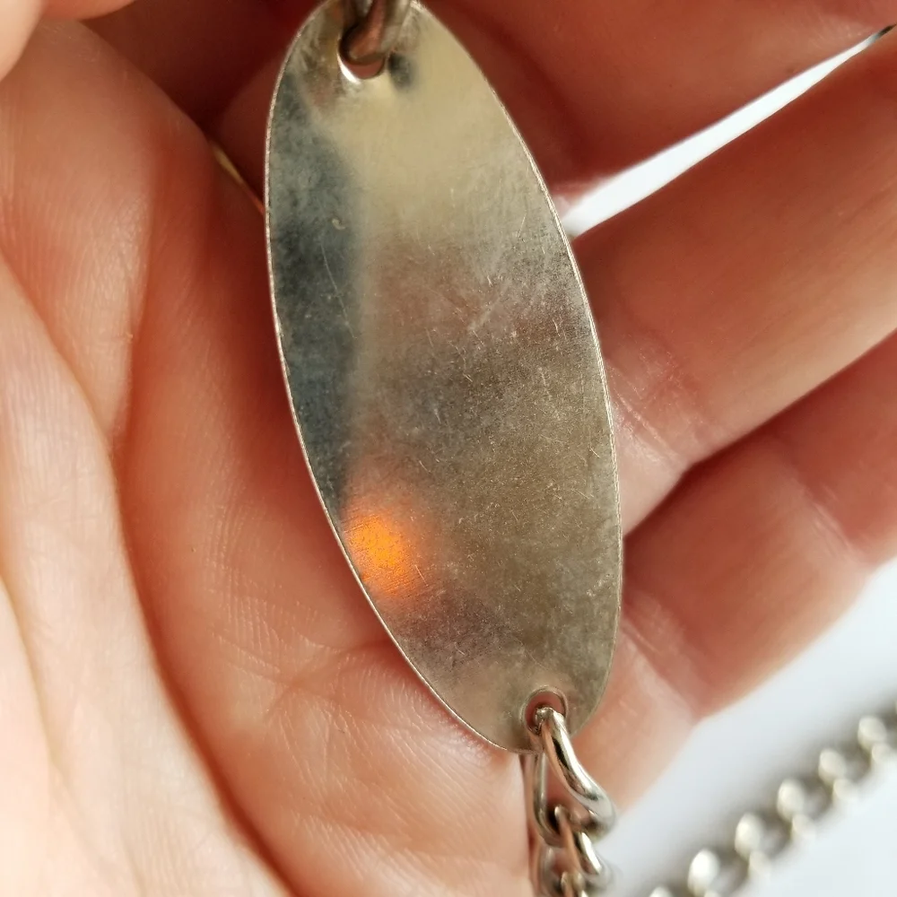Long silver tone chain - belt or watch chain? Necklace? Engraveable plate